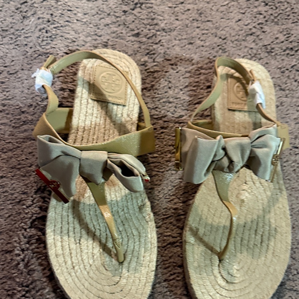 Tory Burch Neutral Beige Bow Espadrille Thong Sandals